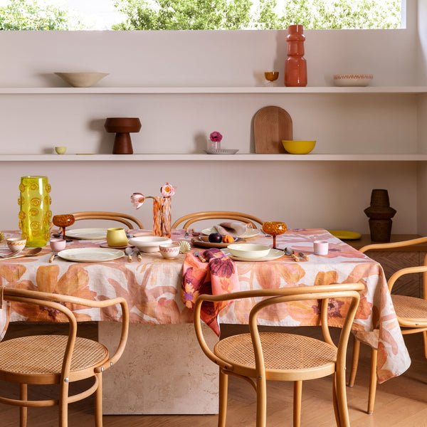 jumbled bonnie and Neil cornflower pink tablecloth floral flowers post linen pink tan orange table kitchen styling dinner party australian made jumbledonline