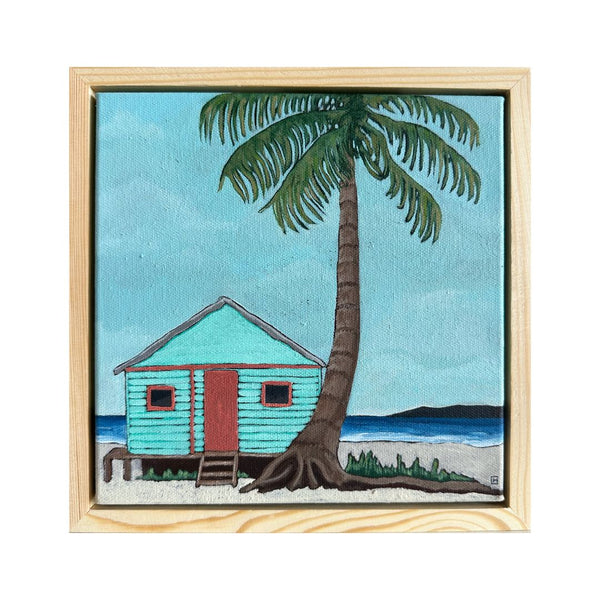 jumbled Catherine Hayler tropical cabana original artwork palm tree blue ocean framed canvas original art artist australian Brisbane affordable art fair jumbledonline
