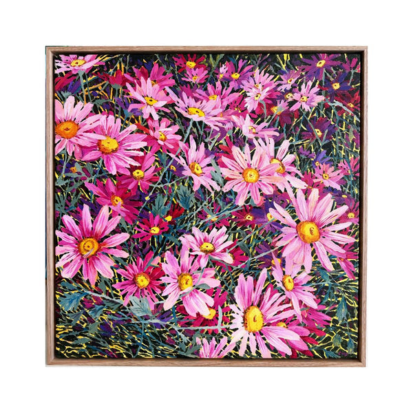 jumbled Charlotte Suggate artist original art floral flowers pink purple daisy daisies framed canvas oak Brisbane affordable art fair jumbledonline