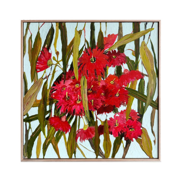 jumbled Emily Raubenheimer artist red flowing gum original artwork framed oak canvas australian natives flowers floral red green blue Brisbane affordable art fair  jumbledonline