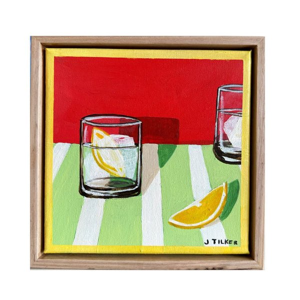 jumbled jo Tilker artist snapshot of two glasses and a lemon original artwork red green white stripe framed oak canvas australian Brisbane affordable art fair jumbledonline