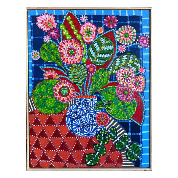jumbled miss moresby mosaic composition original artwork framed canvas oak floral flowers still life abstract bright colourful blue red green Brisbane affordable art fair jumbledonline