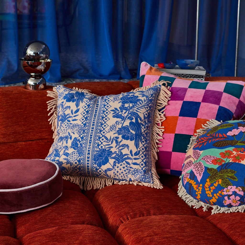 jumbled sage and clare Alexa print cushion blue white flowers floral tassel fringe bedroom living lounge australia jumbledonline
