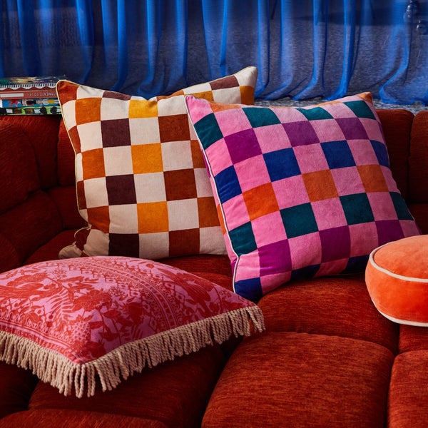 jumbled sage and clare mamas checkerboard velvet sham cushion pink orange blue green silver metallic living room bedroom lounge cosmos australia jumbledonline