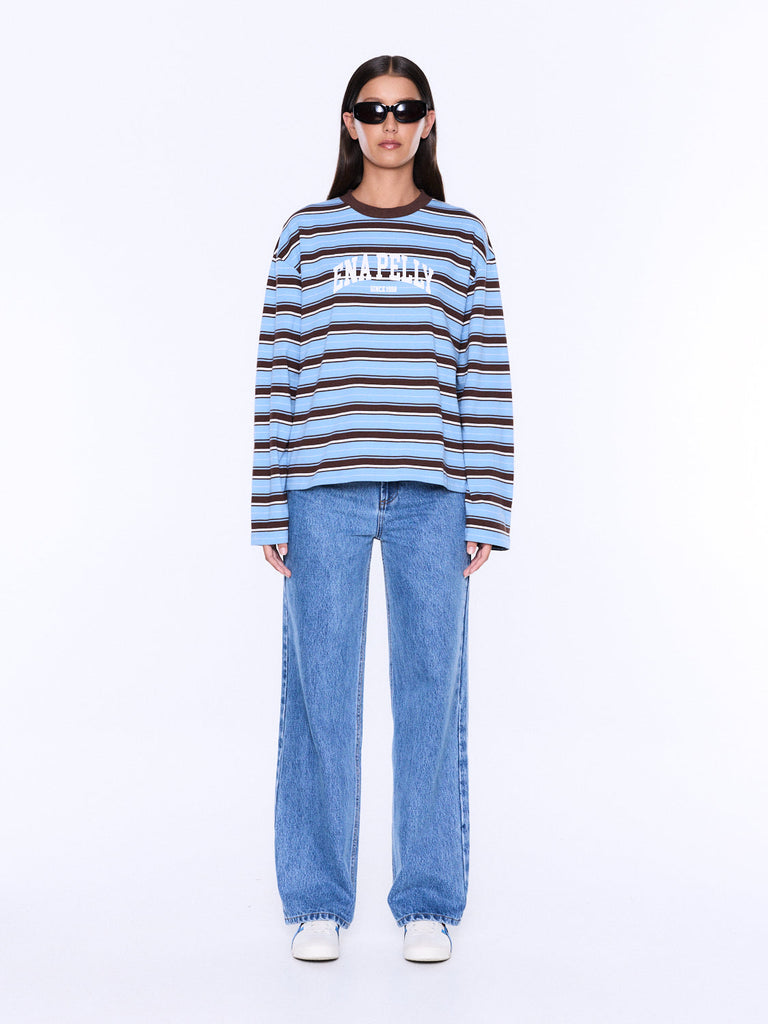 Maria Boxy Long Sleeve Tee - Blue/Brown Stripe