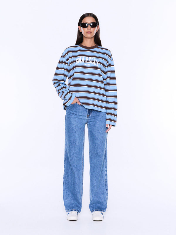 Maria Boxy Long Sleeve Tee - Blue/Brown Stripe