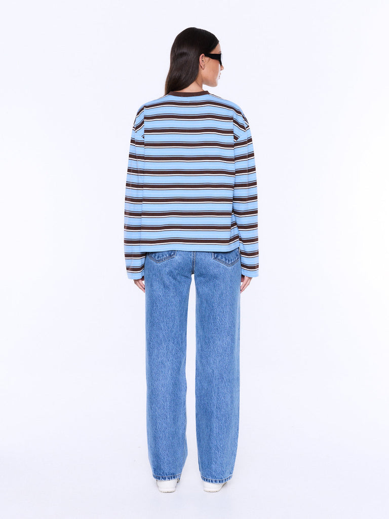 Maria Boxy Long Sleeve Tee - Blue/Brown Stripe