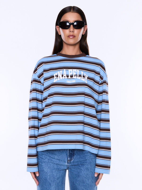Maria Boxy Long Sleeve Tee - Blue/Brown Stripe