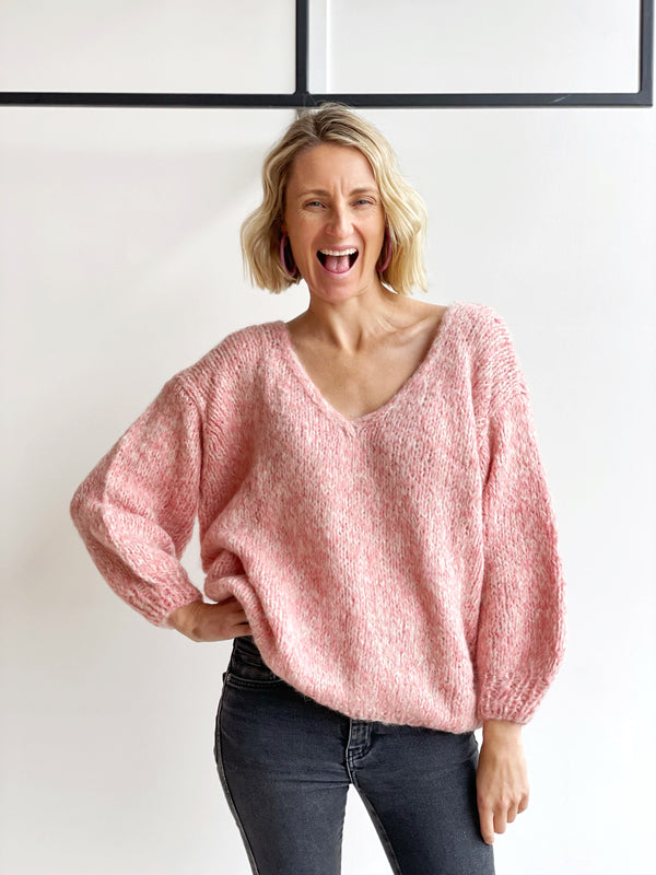 V Neck Cashmere Pullover - Pink / White