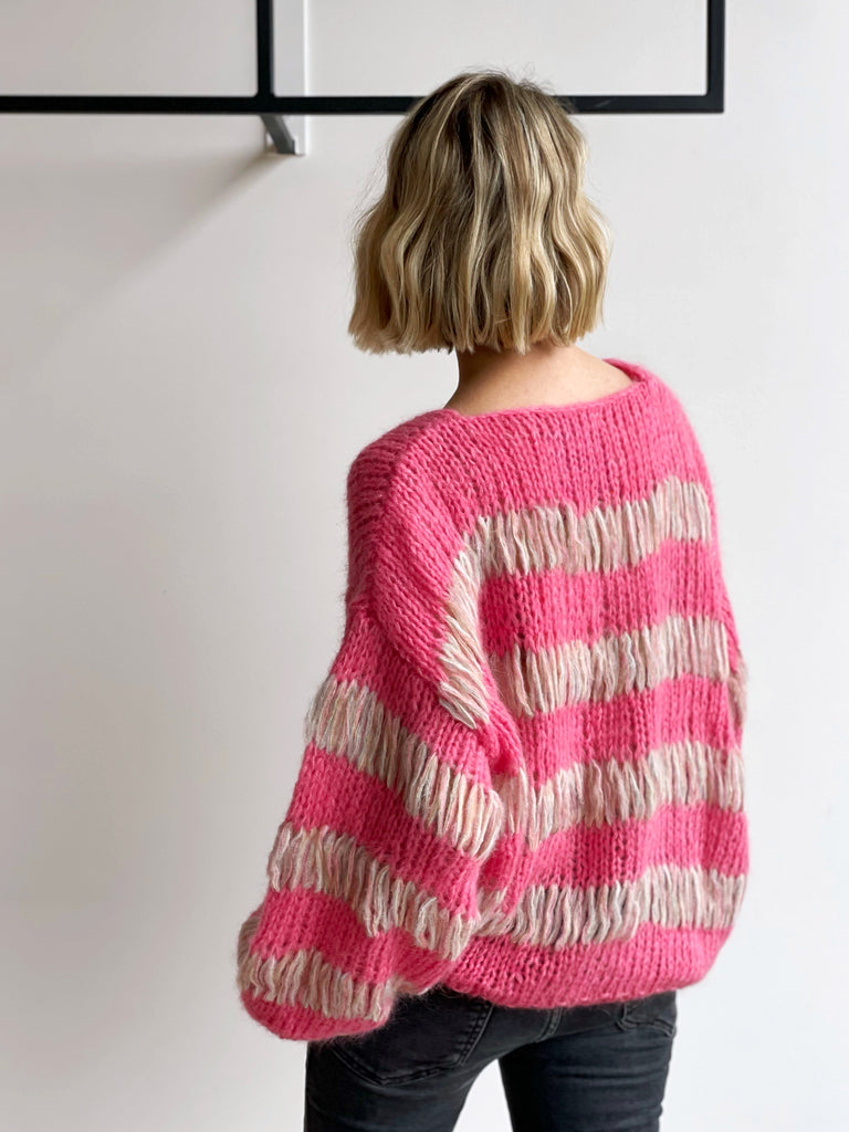 V Neck Alpaca Pullover - Candy Pink Stripe