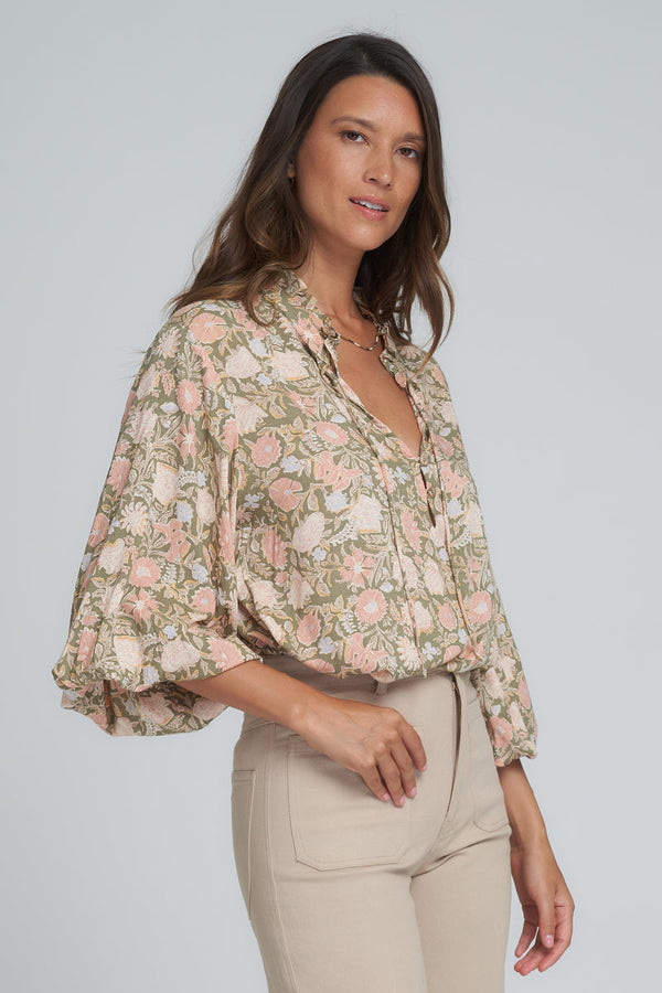 jumbled lilya Indah top blouse peach khaki long sleeve floral v neck relaxed boho shirt womens fashion jumbledonline australia