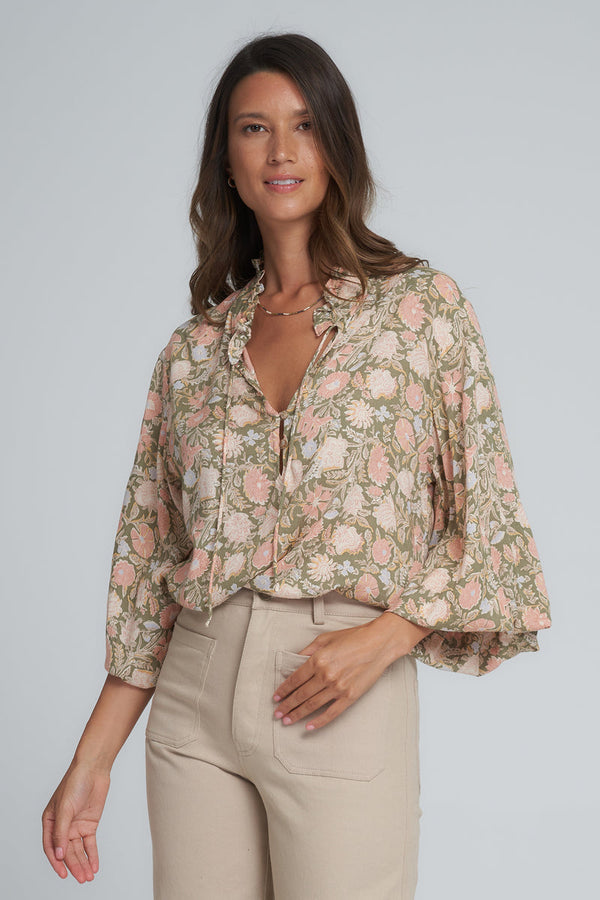 jumbled lilya Indah top blouse peach khaki long sleeve floral v neck relaxed boho shirt womens fashion jumbledonline australia