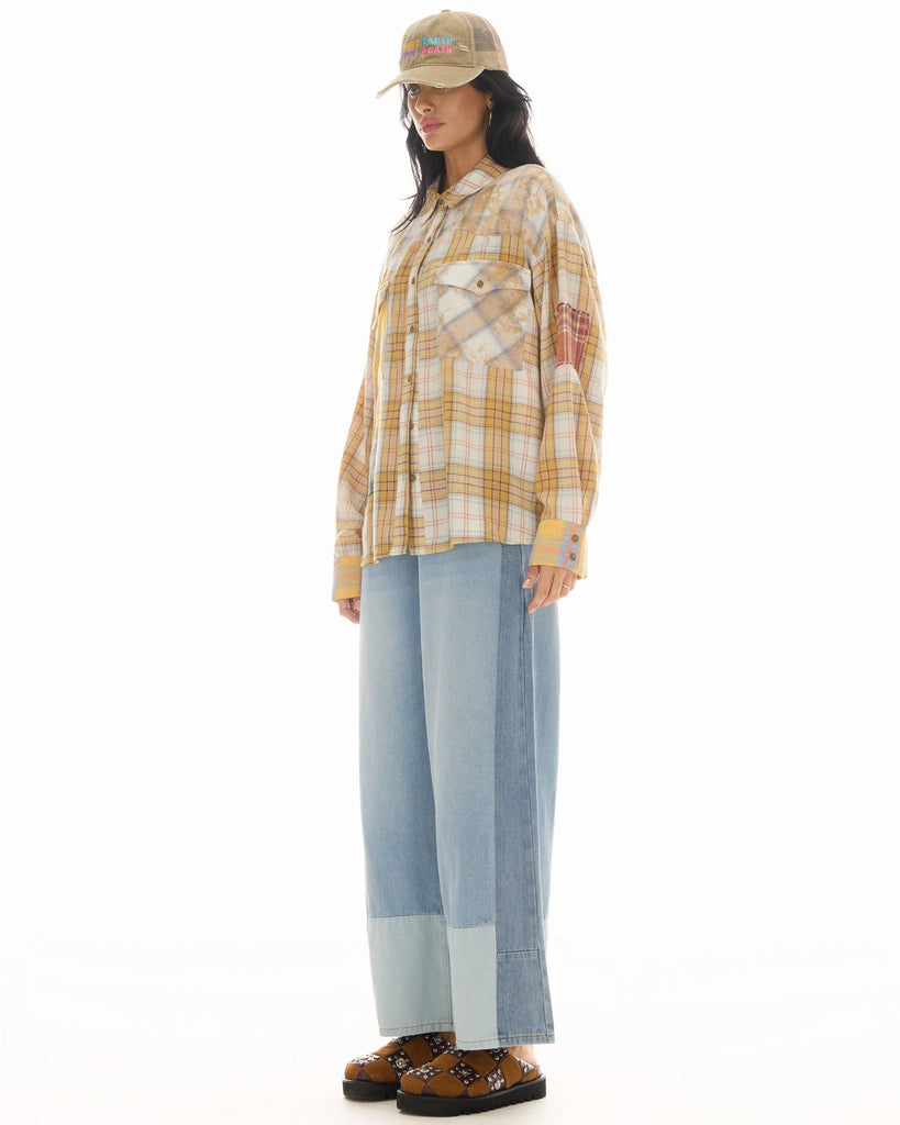 Patched Up Yellow Flannel Western Shirt