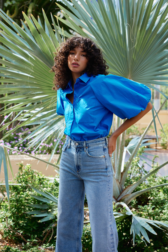 jumbled kinney Zoya shirt cobalt blue puff exaggerated sleeve button up classic collar summer blouse top womens fashion australia jumbledonline