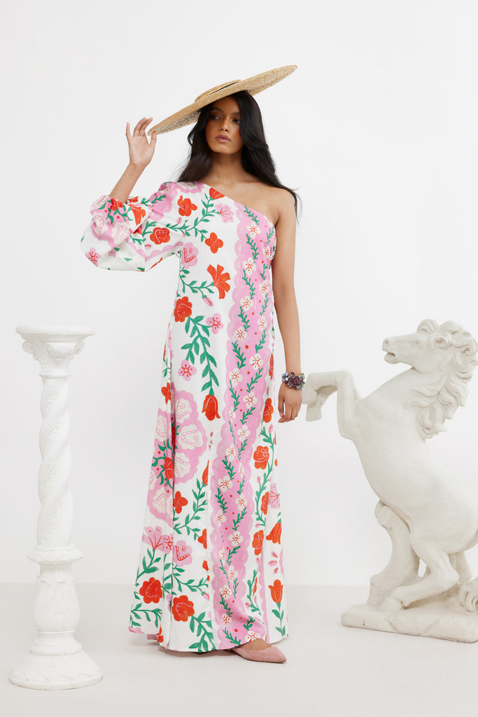 jumbled binny wear sunline maxi dress one shoulder long sleeve bow pink and red floral flowers spring event racing wedding guest spring party womens fashion jumbledonline australia
