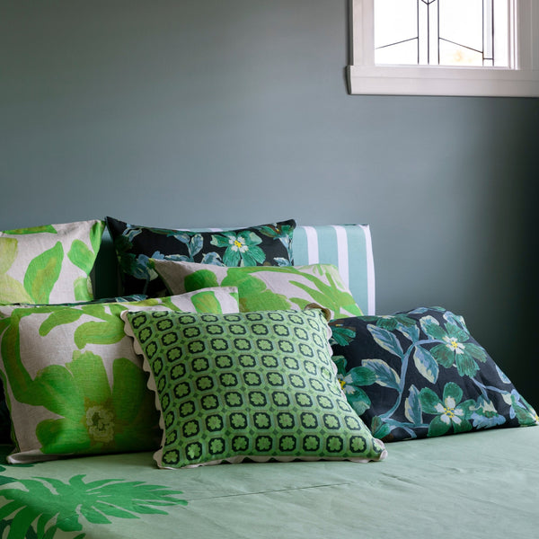 umbled bonnie and Neil green cosmos pillowcase set pillows bedding linen flowers floral black green blue australian made designed jumbledonline