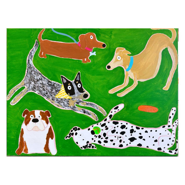jumbled Emily viski original artwork dog park antics green brown dogs abstract canvas Australian Brisbane affordable art fair jumbledonline