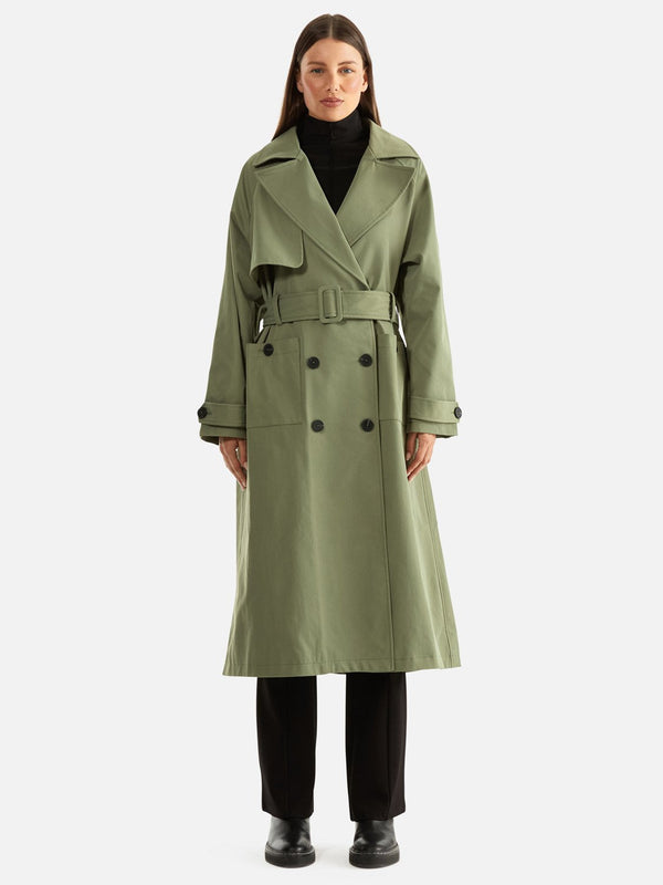 jumbled ena Pelly carrie trench coat forest green button up fabric tie waist classic winter fashion jumbledonline australia 