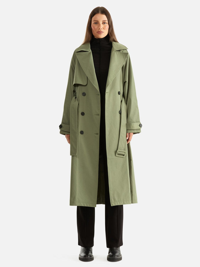 jumbled ena Pelly carrie trench coat forest green button up fabric tie waist classic winter fashion jumbledonline australia