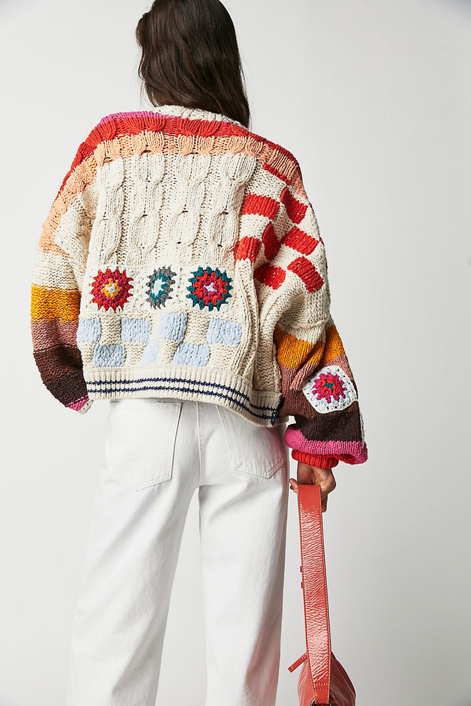 jumbled free people clear skies cardi cream combo chunky knit relaxed slouchy dropped shoulders cardigan crochet bright colourful patchwork ballon sleeve sweater autumn winter womens fashion australia jumbledonline