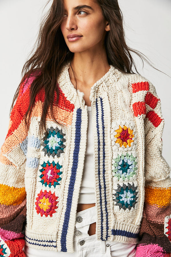 jumbled free people clear skies cardi cream combo chunky knit relaxed slouchy dropped shoulders cardigan crochet bright colourful patchwork ballon sleeve sweater autumn winter womens fashion australia jumbledonline