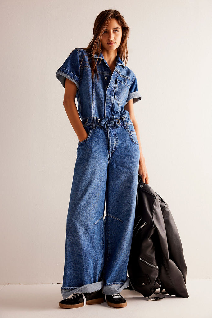 jumbled free people Edison wide leg coverall overall jumpsuit workout cape blue mid wash denim short sleeve relaxed leg button up chic cinched waist pocket australia womens fashion autumn jumbledonline