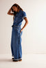 jumbled free people Edison wide leg coverall overall jumpsuit workout cape blue mid wash denim short sleeve relaxed leg button up chic cinched waist pocket australia womens fashion autumn jumbledonline