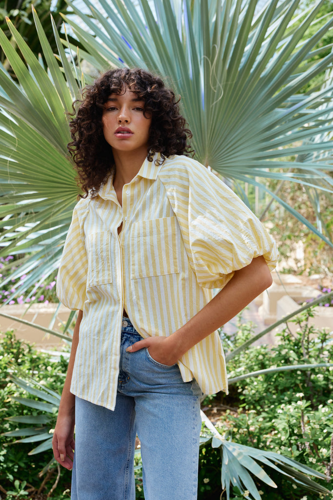 jumbled kinney Zoya shirt lemon white stripe yellow puff sleeve collar buttons pockets womens fashion australia jumbledonline