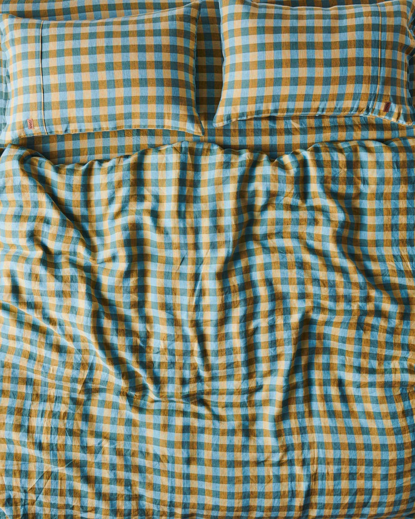 jumbled kip and co marigold tartan pillowcase set linen blue gold check australia bedding  Edit alt text