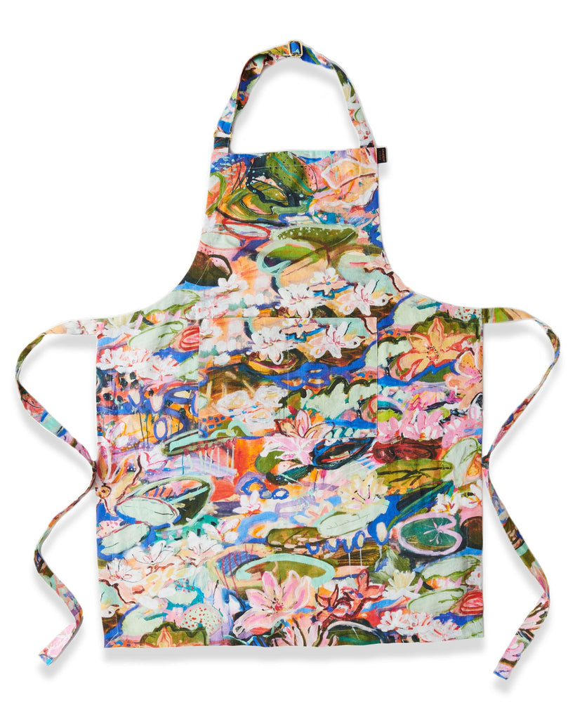 jumbled kip and co Kezz Brett waterlily waterway linne apron French flax floral flowers bright blue pink white green kitchen gift cooking one size australia jumbledonline