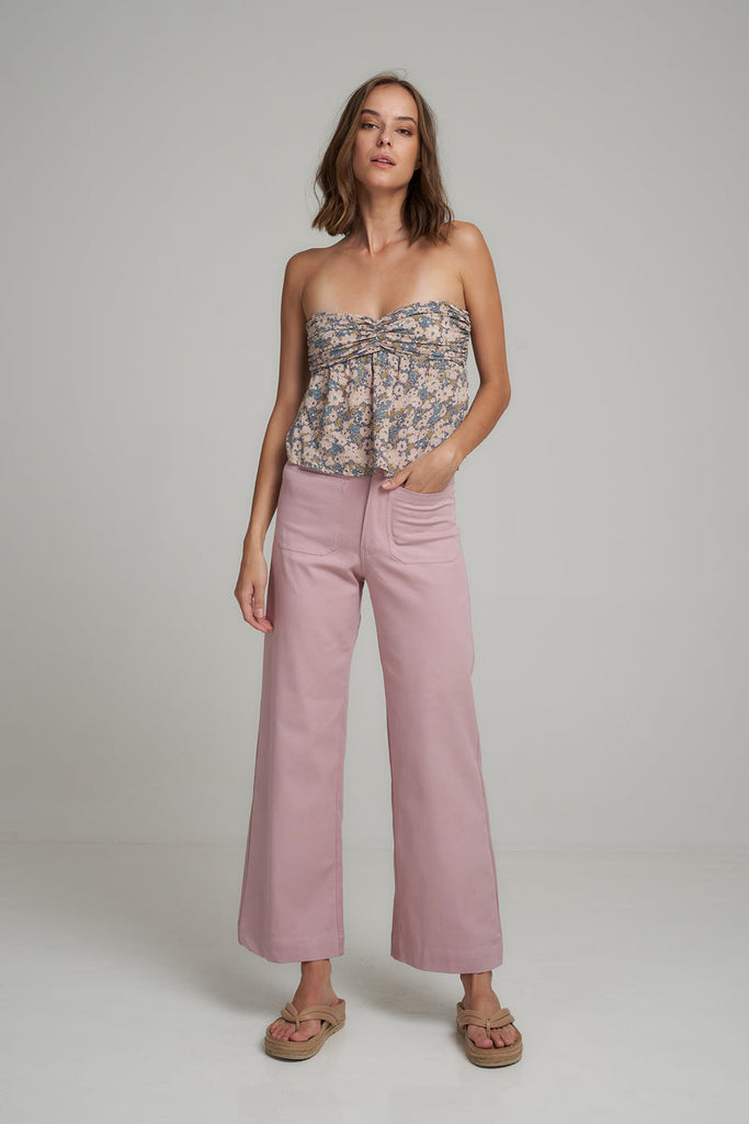 jumbled lilya high waisted wide leg pants front and back pockets belt loop stretch cotton canvas pink orchid australai