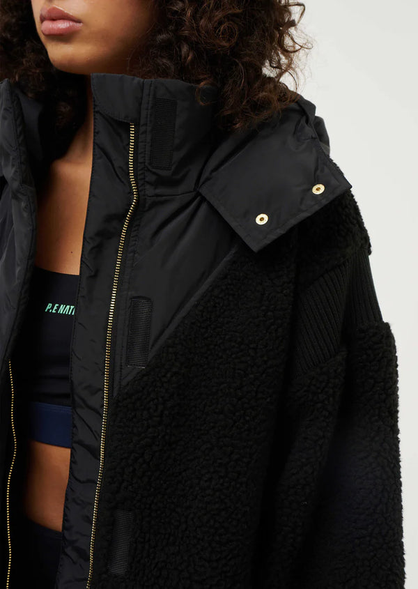 jumbled pe nation district jacket black oversized hooded sherpa jacket coat zip pockets warm winter fashion womens workout athellesuire gym australia jumbledonline