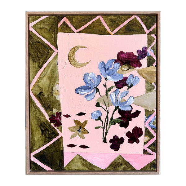 jumbled Petrina Jose artist in the cards original artwork abstract floral australian pink blue olive moon flowers pastel oak framed canvas Brisbane affordable art fair jumbledonline