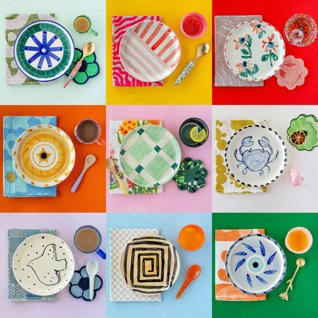 Jumbled Robert Gordon collaboration of hand painted ceramic side plates mix and match