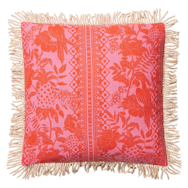 jumbled sage and Clare Alexa print cushion cosmos pink red fringe tassel flowers floral bird lounge living bedroom australia jumbledonline