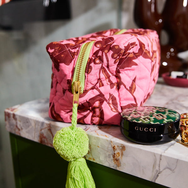 jumbled sage and clare safe beauty bag cosmetic travel makeup pouch accessory tassel pom pom green lime pink maroon floral flowers retro design zip up bath body bathroom australia jumbledonline