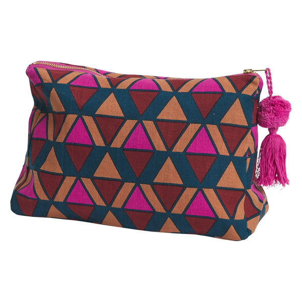 jumbled sage and clare pirro cosmetic bag beauty pink gold brown navy triangle geometric tassel pom pom makeup pouch travel accessory zip up bathroom body bath australia jumbledonline