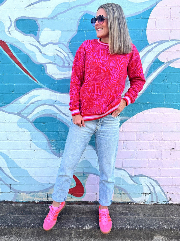 jumbled st vivid sweater extra zebra crossing pink red metallic silver ribbed cuff crew neck boxy fit winter jumper women's fashion jumbledonline australia