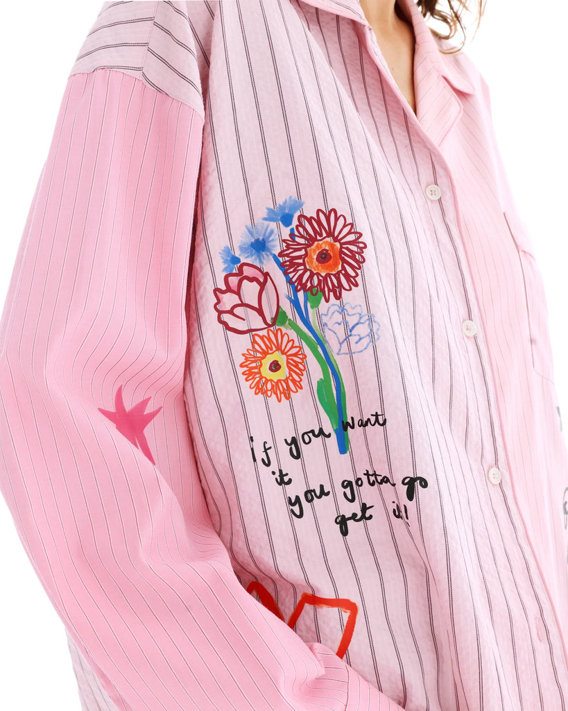 jumbled the tales lucky club shirt womens stripe pink collar button up star swan four leaf clover fun bright fashion australia orange nsw collaboration oversized cuff relaxed front pocket weekend wear workwear tenpin bowling pool cowboy denim jeans boots night out
