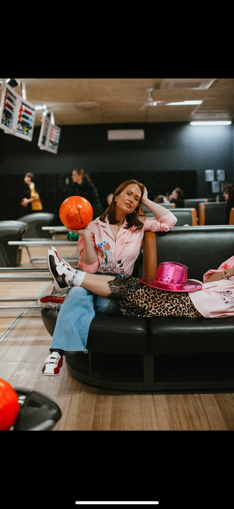jumbled the tales lucky club shirt womens stripe pink collar button up star swan four leaf clover fun bright fashion australia orange nsw collaboration oversized cuff relaxed front pocket weekend wear workwear tenpin bowling pool cowboy denim jeans boots night out heart love red flowers 