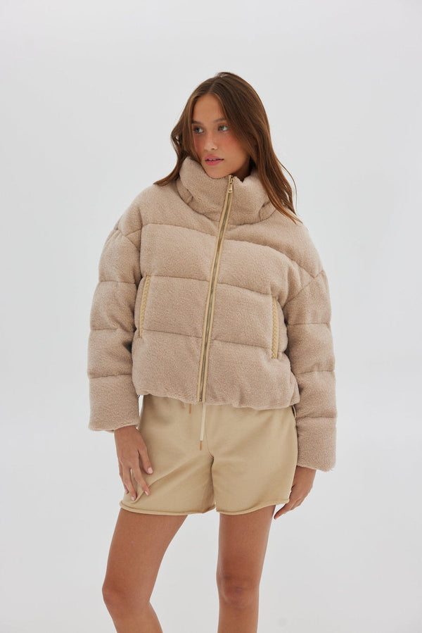 jumbled toast society faux fur puffer jacket tan soft cosy fluffy winter fashion womens pockets zip up high collar coat australia jumbledonline