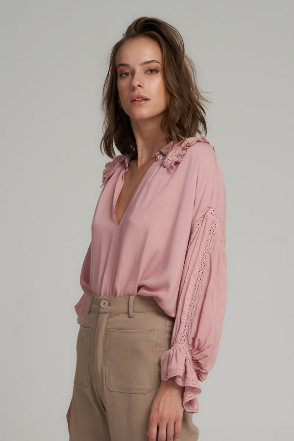 jumbled lilya Valeria blouse shirt top orchid pink frill collar detailed v neck womens fashion style workwear australia  Edit alt text