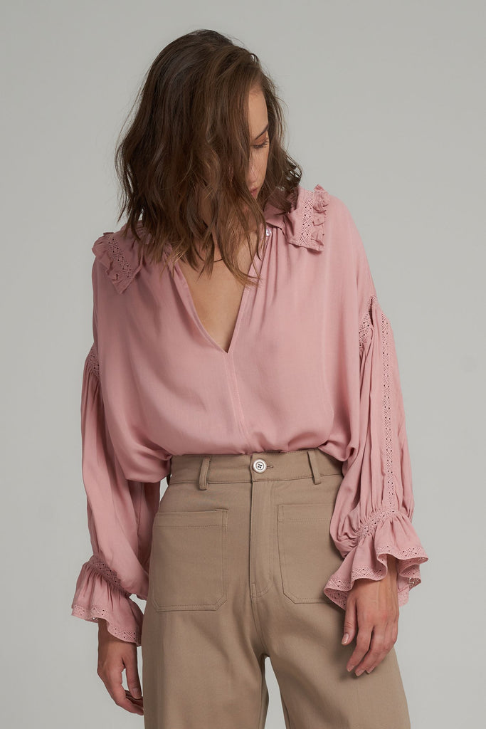 jumbled lilya Valeria blouse shirt top orchid pink frill collar detailed v neck womens fashion style workwear australia 