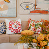 jumbled online x bonnie and neil here comes the sun cushion collaboration. A beautiful hand painted red sun, on a feather filled linen cushion.