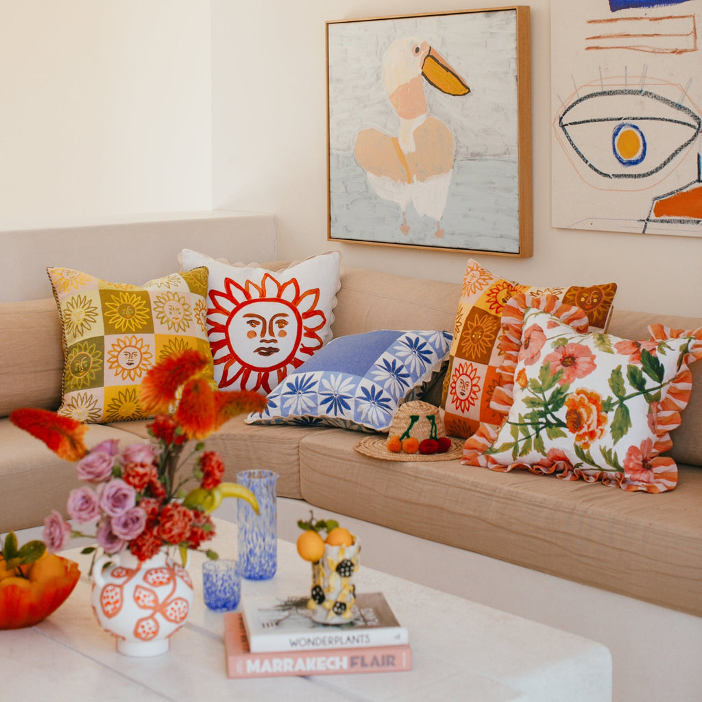 jumbled online x bonnie and neil here comes the sun cushion collaboration. A beautiful hand painted face checker board, on a feather filled linen cushion.
