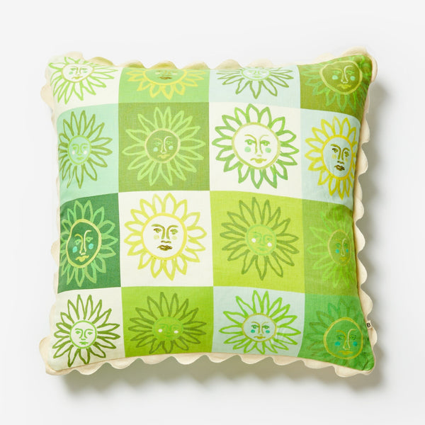 Fresh green and lime cushion by JUMBLED x Bonnie and Neil. Hand painted faces in a checkerboard design. Trimmed with a cream scallop edge.