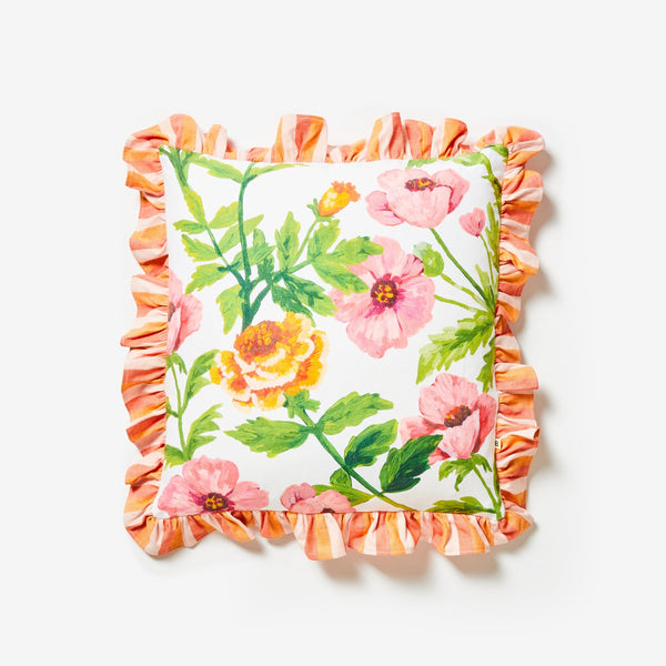 jumbled x bonnie and neil collaboration linen cushion. Hand painted floral finished with a hand painted striped ruffle trim.